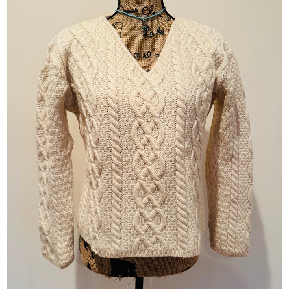 Paul James Womens Ivory Fisherman Chucky Cable Wool V Neck England Sweater Small